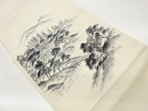 塩瀬手描き古民家に木々・橋風景模様名古屋帯